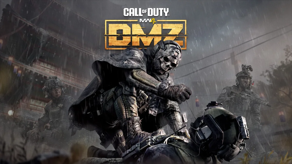 Official Call of Duty: Modern Warfare 4 DMZ key art: a skull-masked, caped Operator kneels over a downed soldier in heavy rain, with two armed Operators and Korean-style buildings behind the DMZ logo